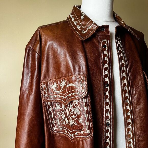 Vintage Ira Hoss Western Leather Jacket XXL Brown Tooled Embroidered Shacket - Picture 4 of 16